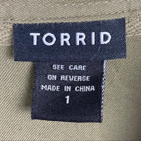 Torrid Army Green Twill Shirt Floral Embroidery Size 1X Bohemian Shirt Boho Top - Picture 5 of 12